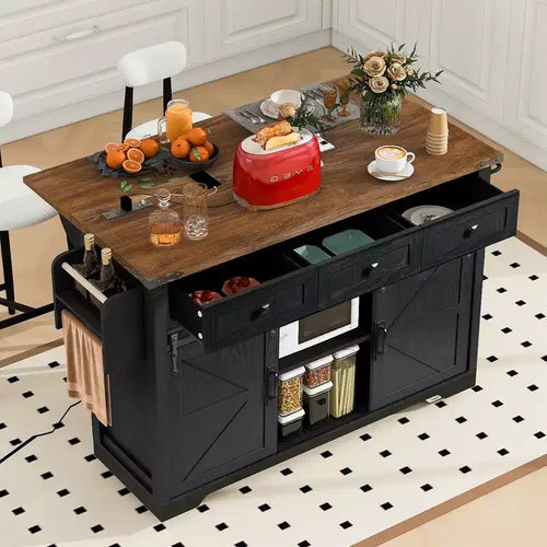 Îlot de cuisine roulant 54W avec roulettes verrouillables, abattant, prise électrique, porte-épices, tiroirs et étagère réglable