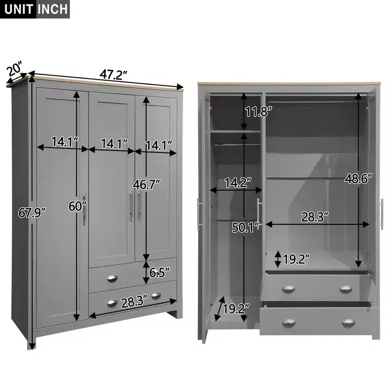 Armoire de rangement à 3 portes (comprend le corps de l’armoire et deux tringles de penderie)