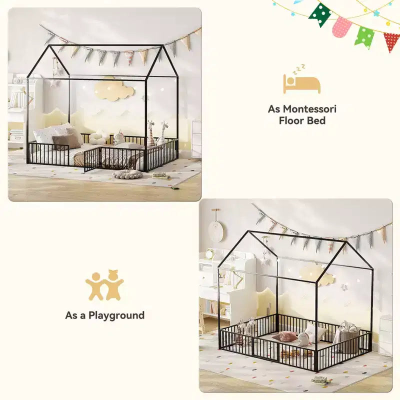 Hausbett für Kinder, Montessori-Bodenbett für Kinder, Metall-Hausbett mit Tür, Kinder-Bodenbettgestell, Montessori-Bodenbett mit Gitter