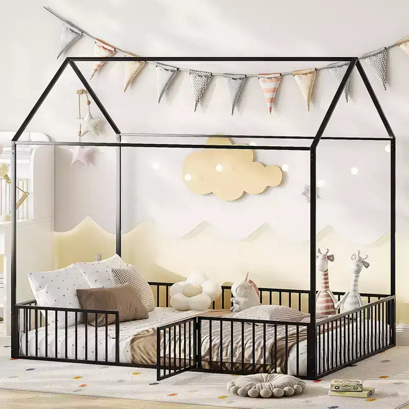 Hausbett für Kinder, Montessori-Bodenbett für Kinder, Metall-Hausbett mit Tür, Kinder-Bodenbettgestell, Montessori-Bodenbett mit Gitter