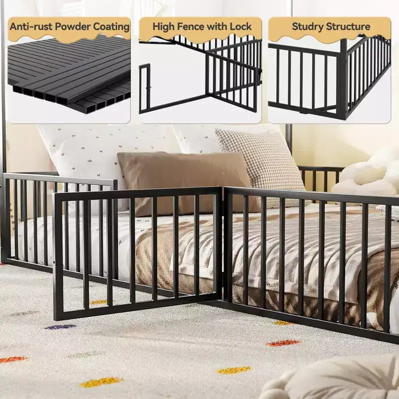 Hausbett für Kinder, Montessori-Bodenbett für Kinder, Metall-Hausbett mit Tür, Kinder-Bodenbettgestell, Montessori-Bodenbett mit Gitter