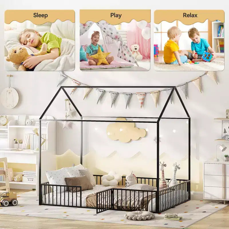 Hausbett für Kinder, Montessori-Bodenbett für Kinder, Metall-Hausbett mit Tür, Kinder-Bodenbettgestell, Montessori-Bodenbett mit Gitter