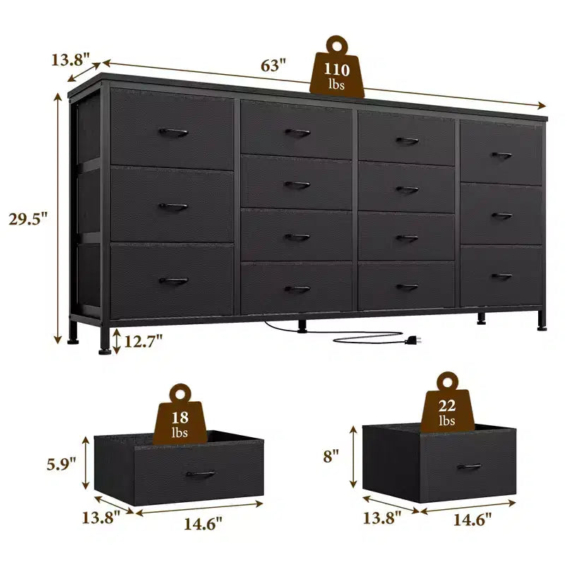 Meuble TV/commode de chambre de 63 pouces de large avec prise électrique intégrée