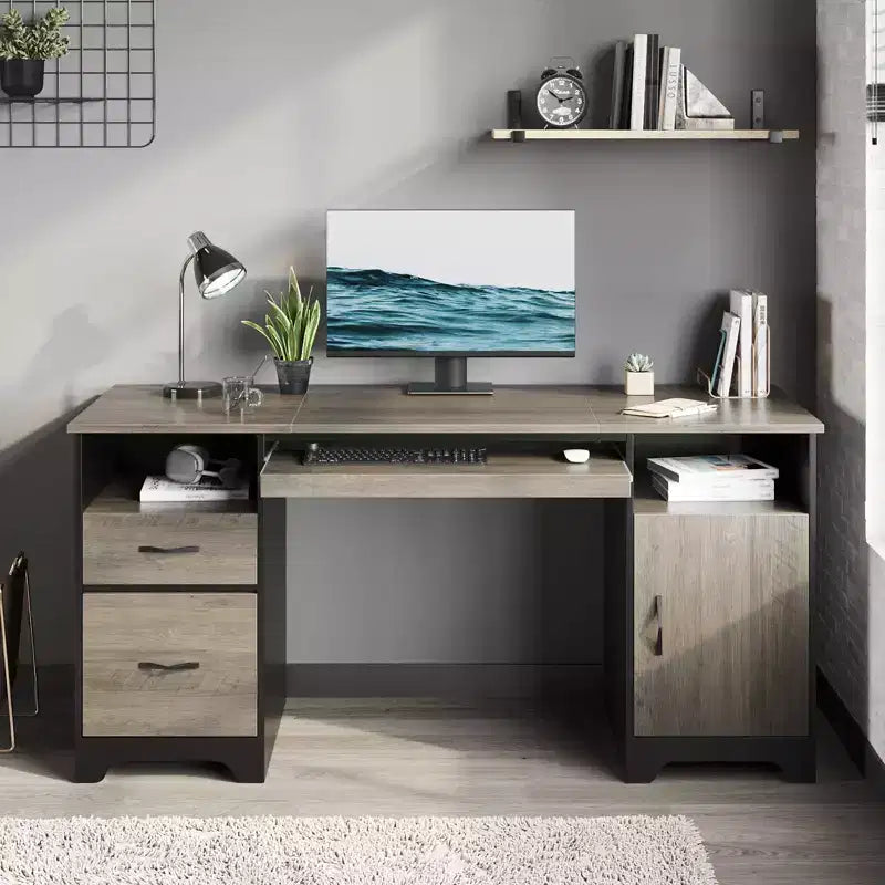 Bureau d’ordinateur de 59 pouces avec tiroirs, bureau de direction avec armoire de rangement et plateau pour clavier, pour bureau à domicile