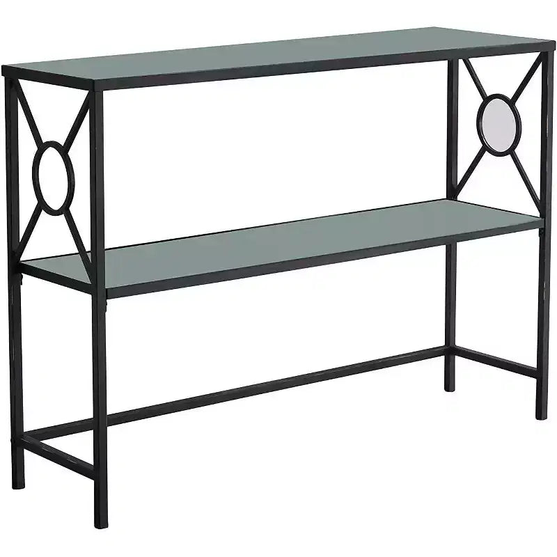 Console d’entrée en métal noir texturé, table de canapé avec étagère en verre