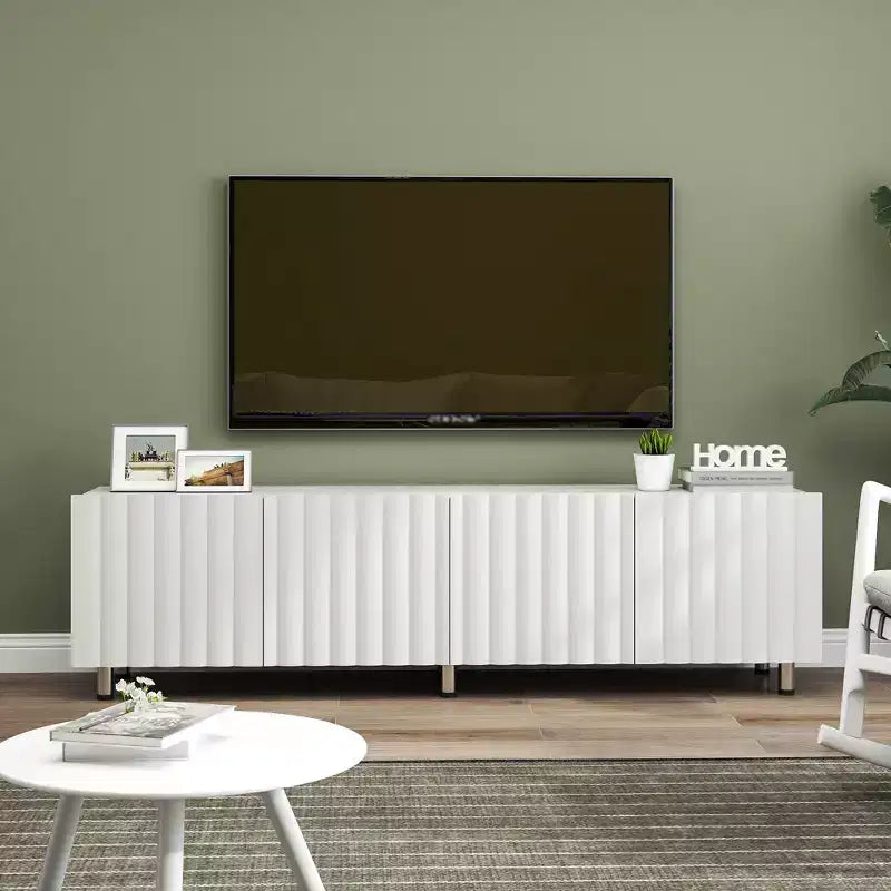 Meuble TV moderne avec 2 tiroirs coulissants, meuble de rangement blanc pour salon, panneau en bois durable et pieds en métal