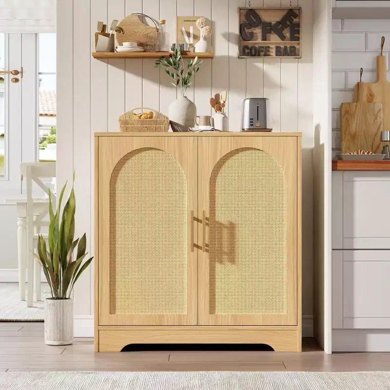 Buffet avec portes en rotin et étagères, meuble de rangement moderne pour salle à manger, salon, entrée ou cuisine
