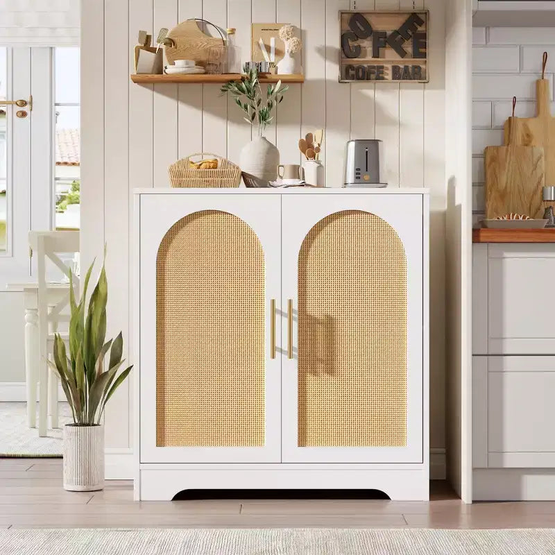 Buffet avec portes en rotin et étagères, meuble de rangement moderne pour salle à manger, salon, entrée ou cuisine