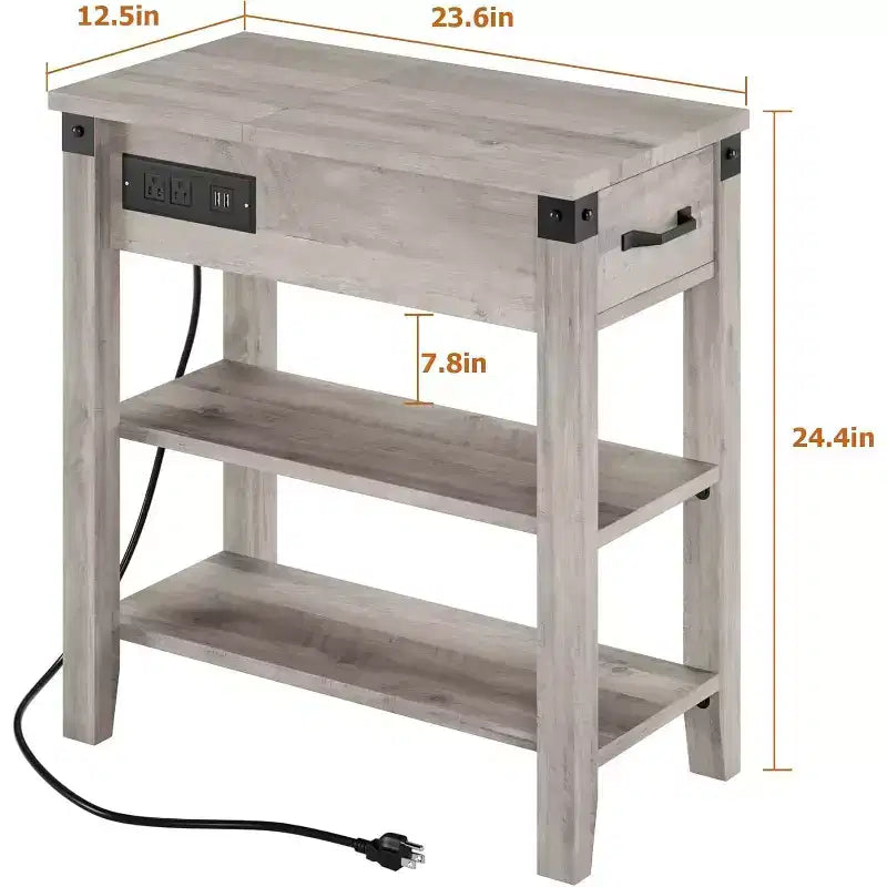 Table d’appoint avec station de recharge, table d’appoint étroite à 3 niveaux avec tiroir et rangement, table d’appoint en bois pour salon, chambre ou bureau