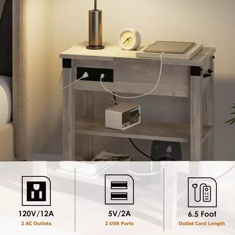 Table d’appoint avec station de recharge, table d’appoint étroite à 3 niveaux avec tiroir et rangement, table d’appoint en bois pour salon, chambre ou bureau