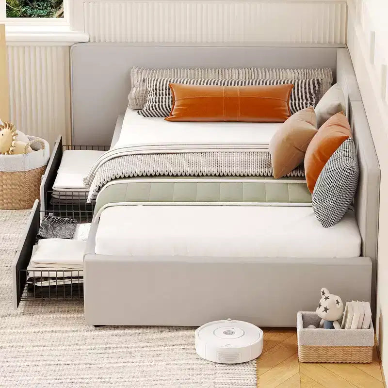 avec tiroirs de rangement, cadre de lit d’angle rembourré en velours avec tête de lit, lit moderne pour enfants avec barrières, pour salon ou chambre