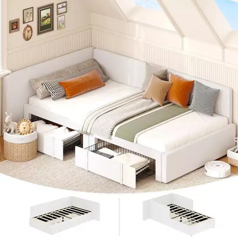 avec tiroirs de rangement, cadre de lit d’angle rembourré en velours avec tête de lit, lit moderne pour enfants avec barrières, pour salon ou chambre