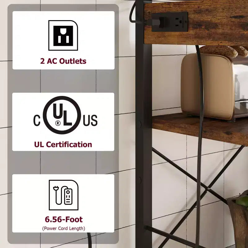 Étagère de boulanger à 5 niveaux avec panier métallique, support pour micro-ondes avec prises électriques et étagères de cuisine ouvertes