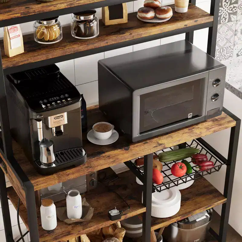 Étagère de boulanger à 5 niveaux avec panier métallique, support pour micro-ondes avec prises électriques et étagères de cuisine ouvertes