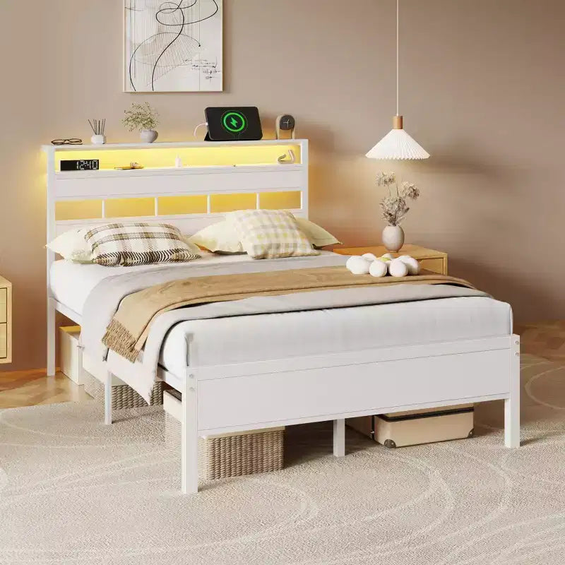 Cadre de lit moderne blanc avec éclairage LED, tête de lit avec rangement et station de recharge USB C, lit plateforme en métal pour chambre d’adolescent dédiée au jeu vidéo Non