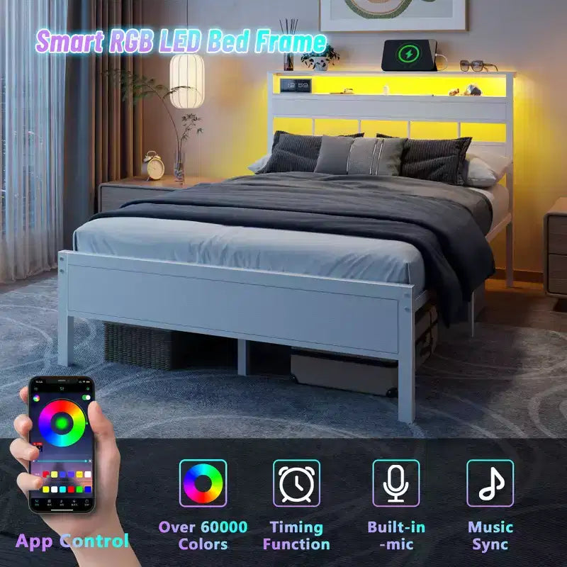 Cadre de lit moderne blanc avec éclairage LED, tête de lit avec rangement et station de recharge USB C, lit plateforme en métal pour chambre d’adolescent dédiée au jeu vidéo Non
