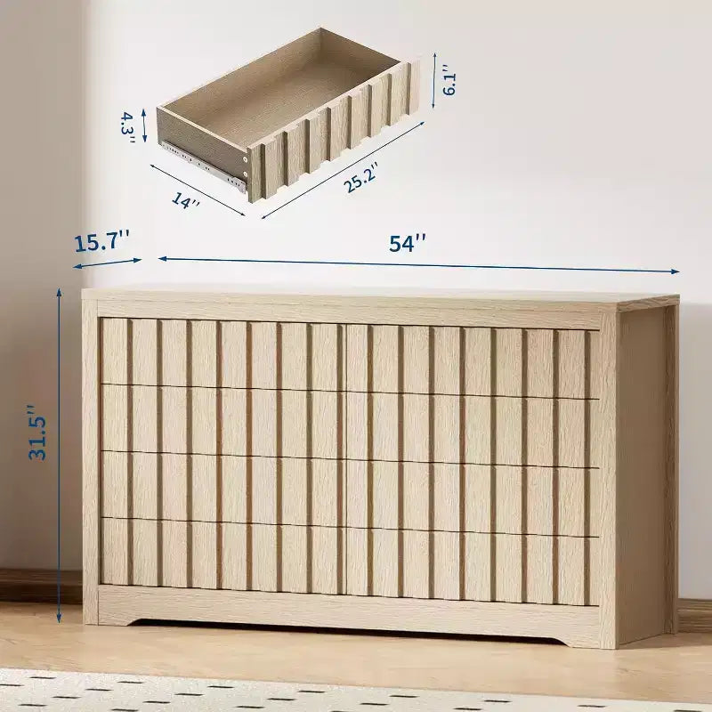 Commode de chambre à 8 tiroirs à rayures verticales, coffre à tiroirs moderne de 54 pouces de large au profil incurvé