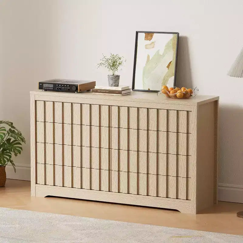 Commode de chambre à 8 tiroirs à rayures verticales, coffre à tiroirs moderne de 54 pouces de large au profil incurvé