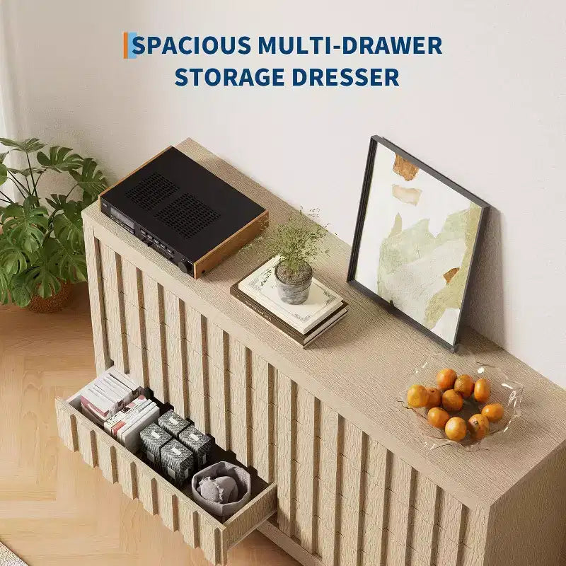 Commode de chambre à 8 tiroirs à rayures verticales, coffre à tiroirs moderne de 54 pouces de large au profil incurvé