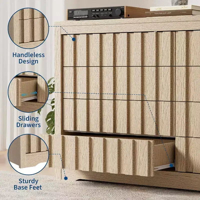 Commode de chambre à 8 tiroirs à rayures verticales, coffre à tiroirs moderne de 54 pouces de large au profil incurvé