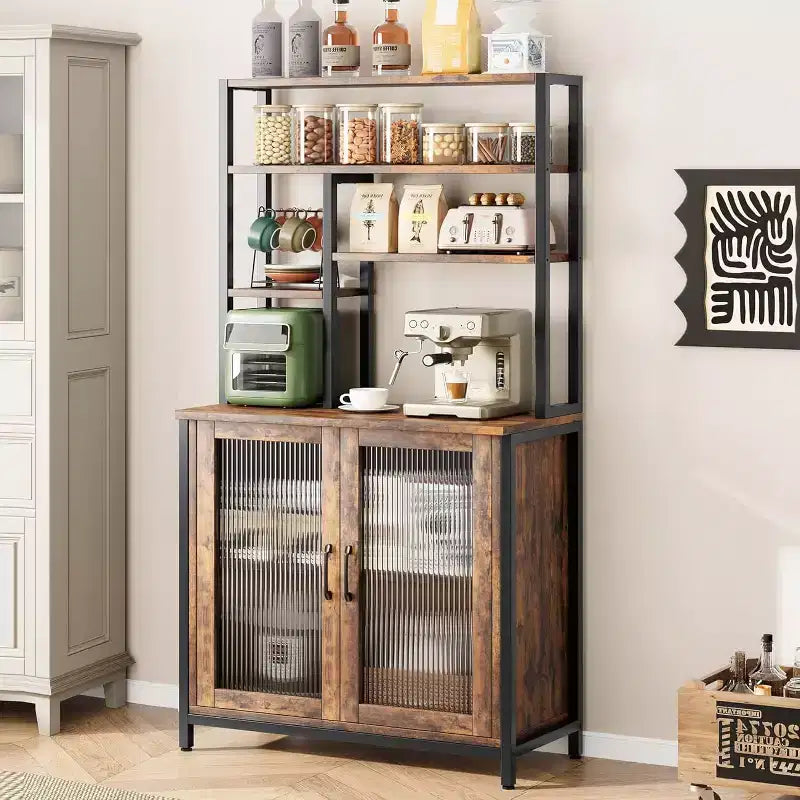 Meuble pour micro-ondes de 80CM avec verre cannelé, structure en fer et panneau de particules, coloris rétro, pour cuisine moderne