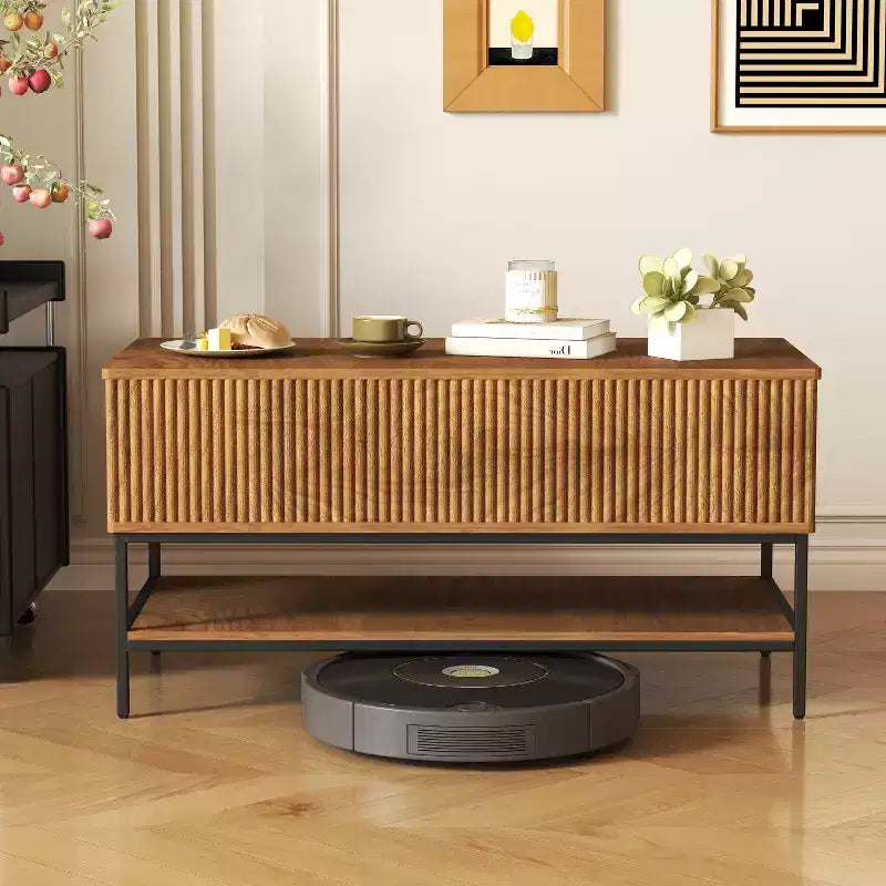Table basse rectangulaire de 39.4 pouces avec plateau relevable, style ferme avec rangement dissimulé et étagère inférieure, idéale pour le salon, brun vintage