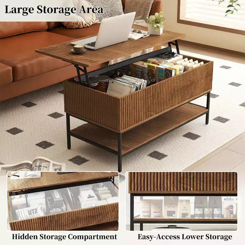 Table basse rectangulaire de 39.4 pouces avec plateau relevable, style ferme avec rangement dissimulé et étagère inférieure, idéale pour le salon, brun vintage