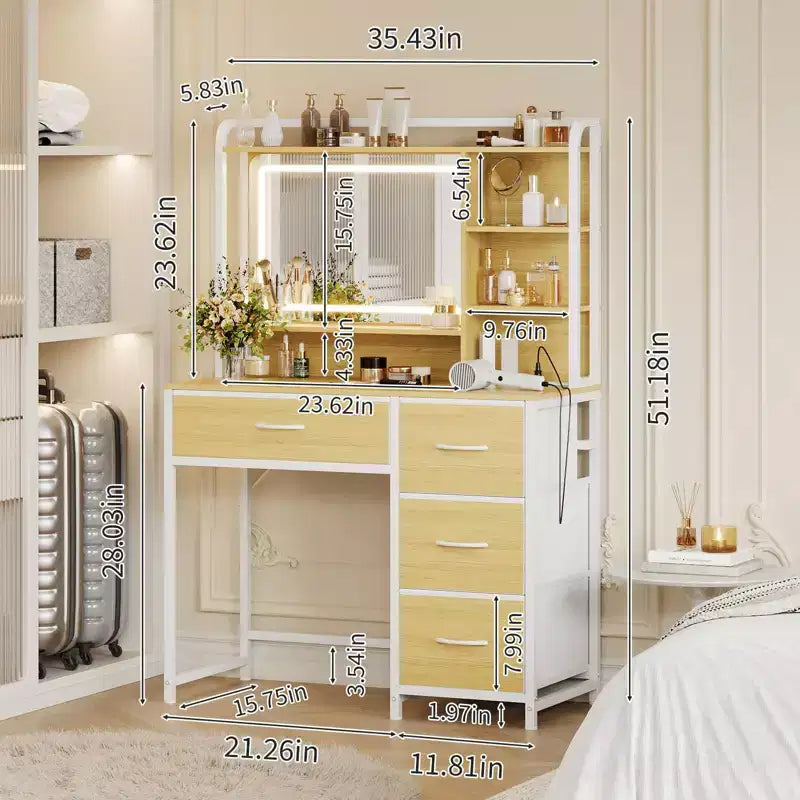 Coiffeuse avec miroir et éclairage, table de maquillage avec 4 tiroirs en tissu et étagères de rangement, éclairage LED réglable, coiffeuse