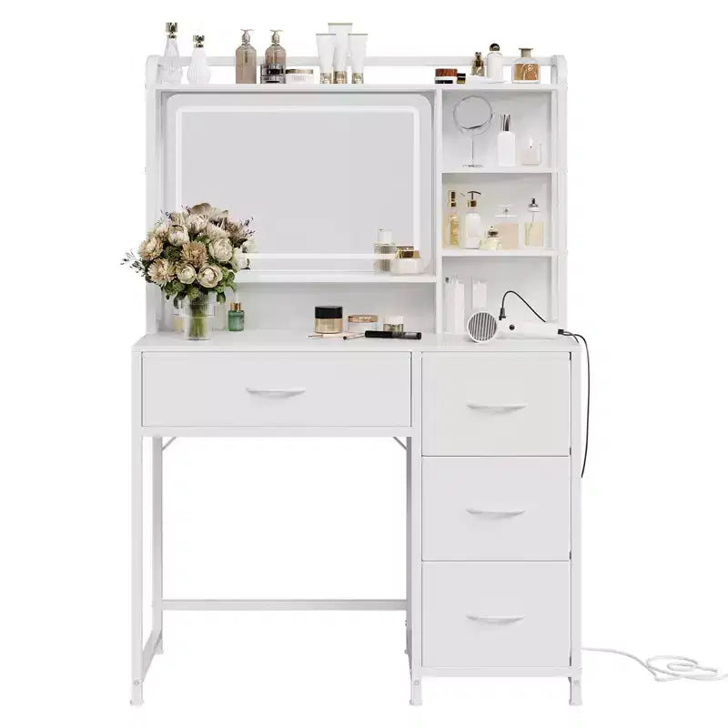 Coiffeuse avec miroir et éclairage, table de maquillage avec 4 tiroirs en tissu et étagères de rangement, éclairage LED réglable, coiffeuse
