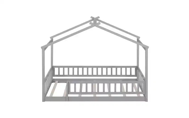 Modernes Einzelbett für Kinder – bodennahes Hausbettgestell aus Kiefernholz mit Rausfallschutz und Dachdesign