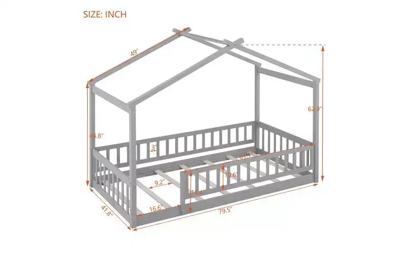 Modernes Einzelbett für Kinder – bodennahes Hausbettgestell aus Kiefernholz mit Rausfallschutz und Dachdesign