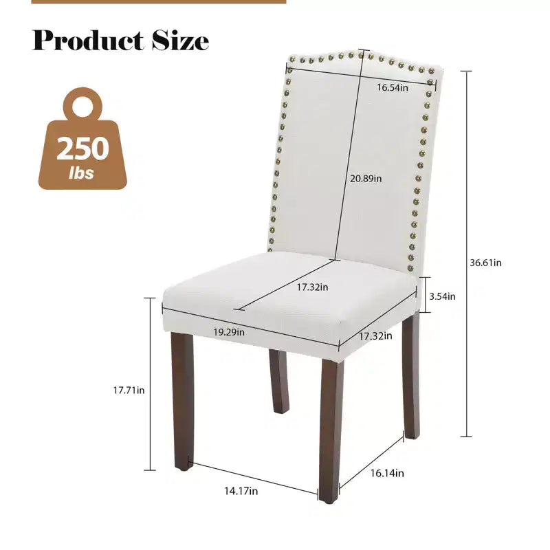 Lot de 2 chaises de salle à manger modernes sans accoudoirs, tissu rembourré avec garniture à clous décoratifs et pieds en bois