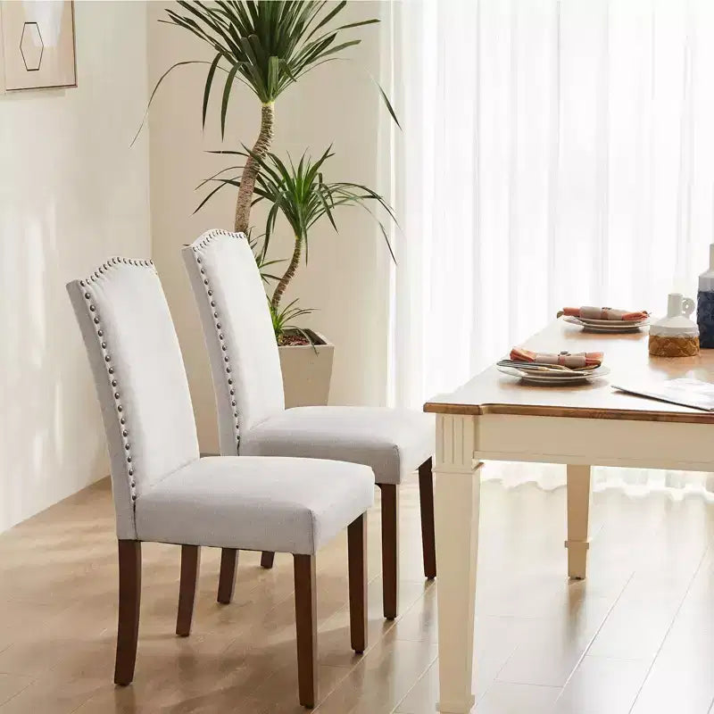 Lot de 2 chaises de salle à manger modernes sans accoudoirs, tissu rembourré avec garniture à clous décoratifs et pieds en bois