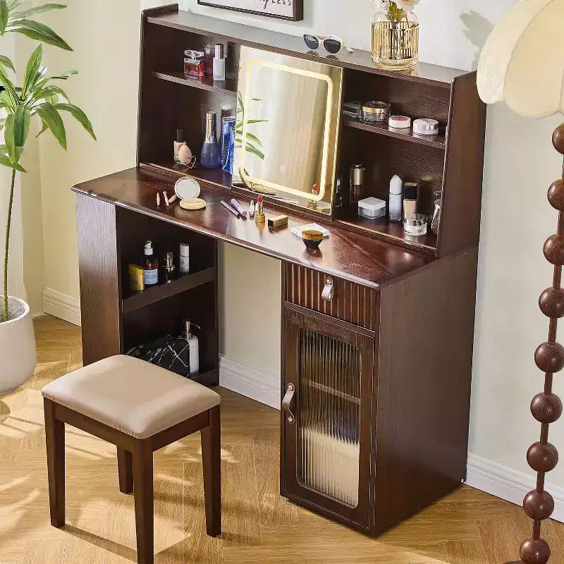 Coiffeuse élégante avec miroir réglable à 3 modes, grand espace de rangement et tabouret rembourré, pour la maison, noyer