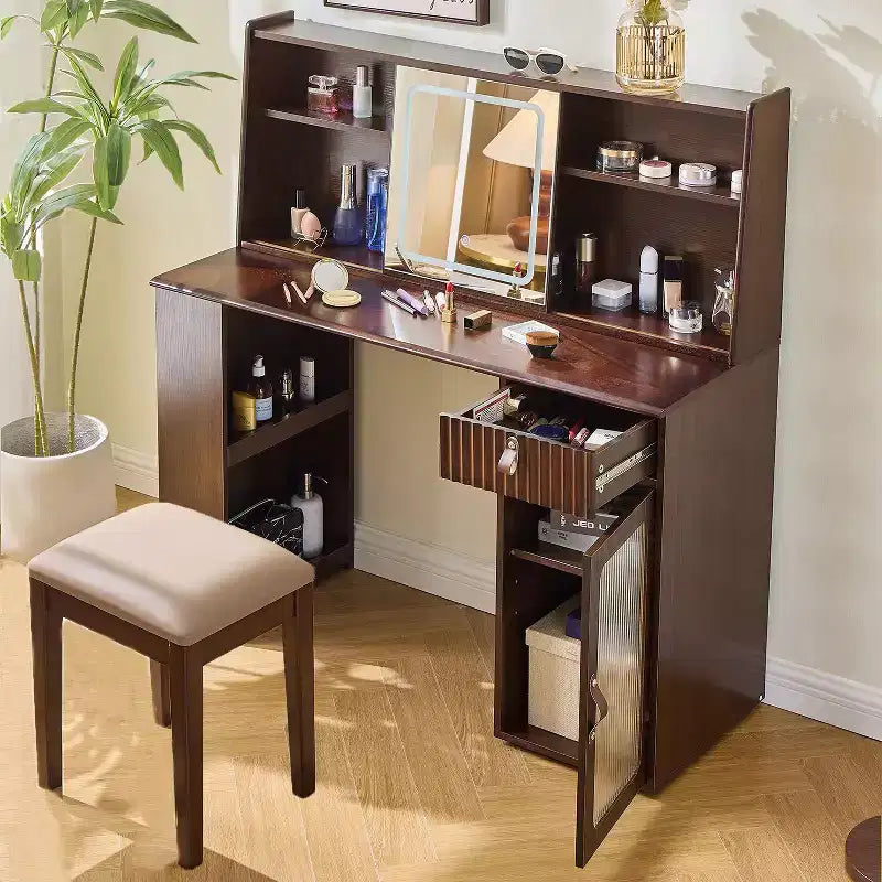 Coiffeuse élégante avec miroir réglable à 3 modes, grand espace de rangement et tabouret rembourré, pour la maison, noyer