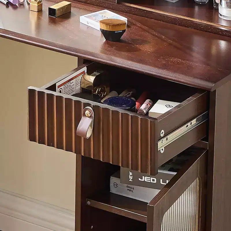Coiffeuse élégante avec miroir réglable à 3 modes, grand espace de rangement et tabouret rembourré, pour la maison, noyer