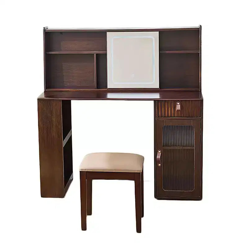 Coiffeuse élégante avec miroir réglable à 3 modes, grand espace de rangement et tabouret rembourré, pour la maison, noyer