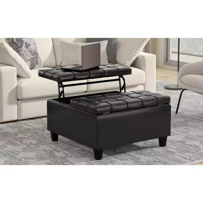 Petit ottoman carré de rangement en cuir végétalien, pouvant servir de table basse
