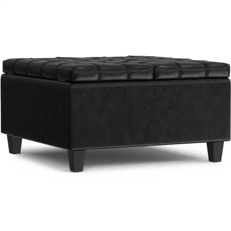Petit ottoman carré de rangement en cuir végétalien, pouvant servir de table basse