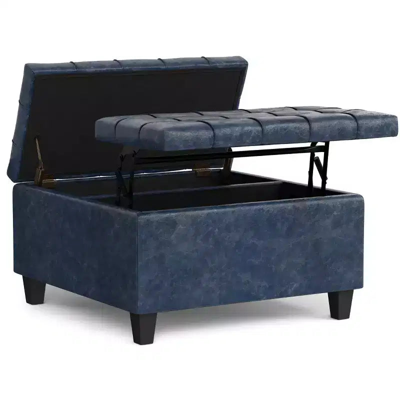 Petit ottoman carré de rangement en cuir végétalien, pouvant servir de table basse