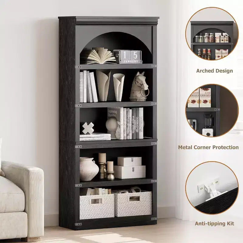 Bibliothèque arquée à 5 étagères, étagère de rangement imitation bois rustique avec protections d’angle en métal pour salon ou bureau