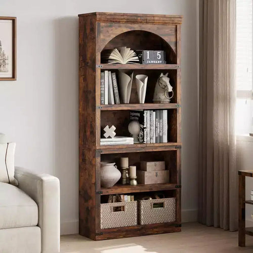 Bibliothèque arquée à 5 étagères, étagère de rangement imitation bois rustique avec protections d’angle en métal pour salon ou bureau