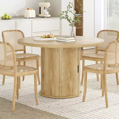 Table de salle à manger ronde de 43 pouces, pour 4 personnes, table de cuisine compacte en bois avec piètement métallique robuste, adaptée aux salles à manger, finition naturelle