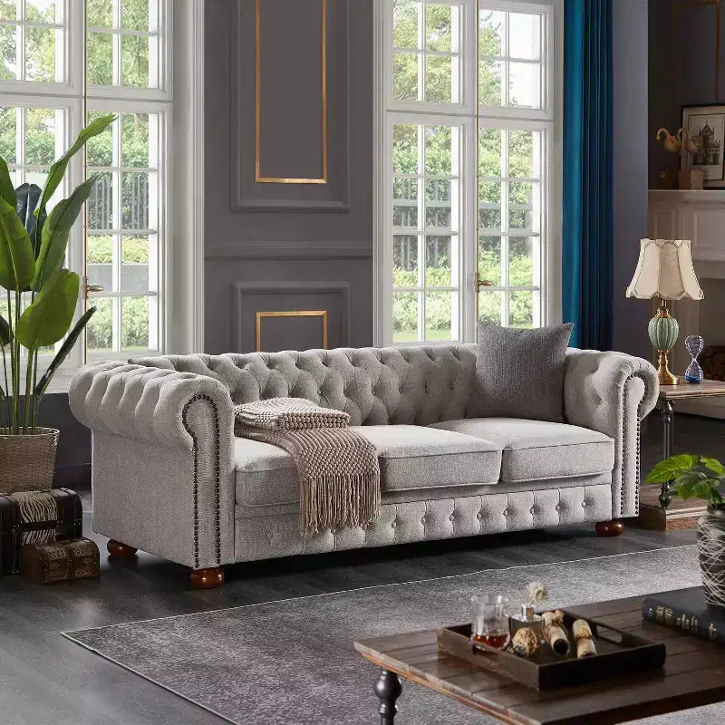 Canapé avec structure en bois massif et métal, tissu à fines rayures, clous décoratifs bronze et pieds en bois massif, pour salon ou bureau, gris foncé