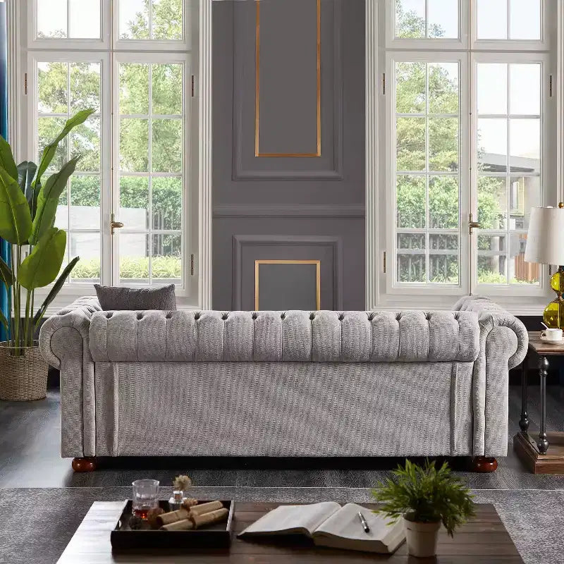 Canapé avec structure en bois massif et métal, tissu à fines rayures, clous décoratifs bronze et pieds en bois massif, pour salon ou bureau, gris foncé
