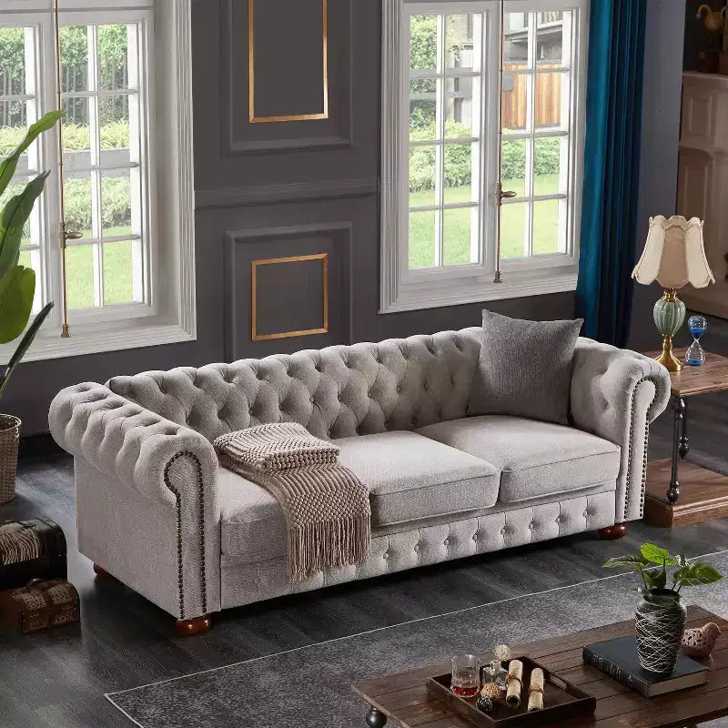 Canapé avec structure en bois massif et métal, tissu à fines rayures, clous décoratifs bronze et pieds en bois massif, pour salon ou bureau, gris foncé