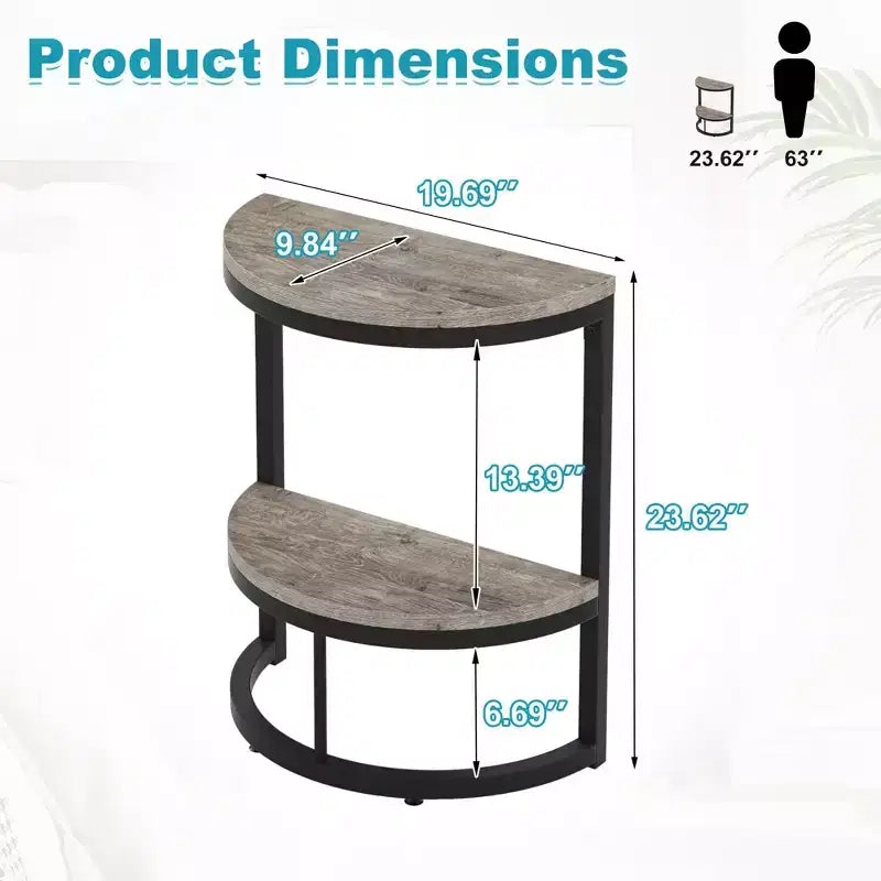 Halbrunder Beistelltisch, minimalistischer kleiner Beistelltisch für Sofa und Bett, Höhe 23.6, Grau+Schwarz