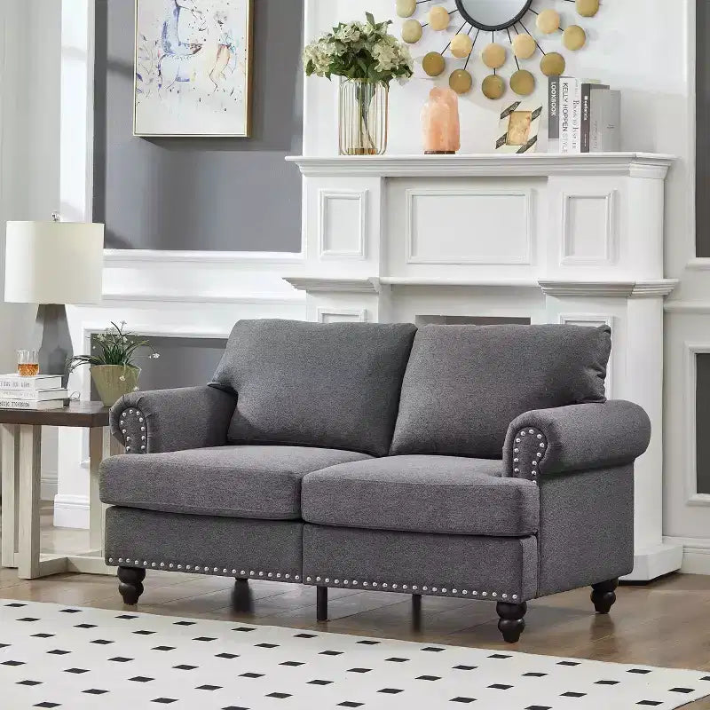 Canapé deux places classique moderne de 59.5, en tissu polyester rembourré, pour salon, gris
