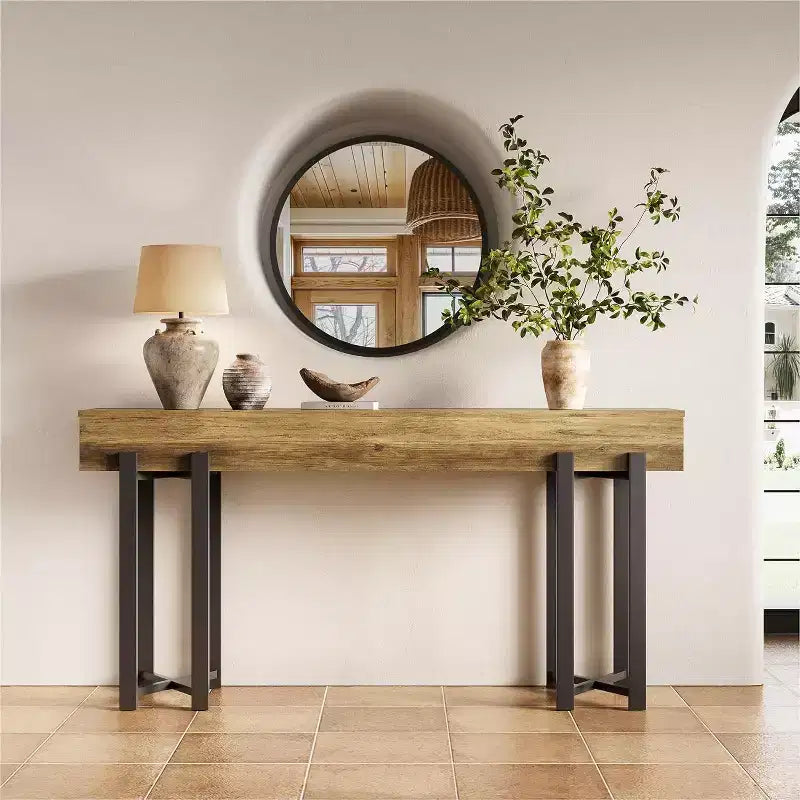 Table console de 63 pouces, table industrielle à placer derrière le canapé avec cadre en métal noir, pour entrée, salon ou vestibule, brun rustique