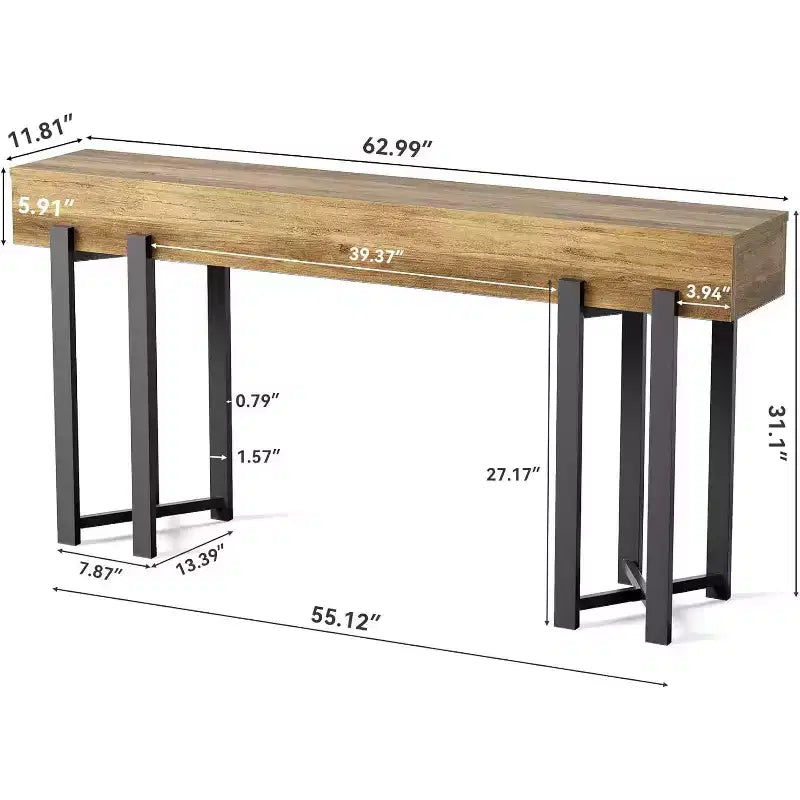 Table console de 63 pouces, table industrielle à placer derrière le canapé avec cadre en métal noir, pour entrée, salon ou vestibule, brun rustique